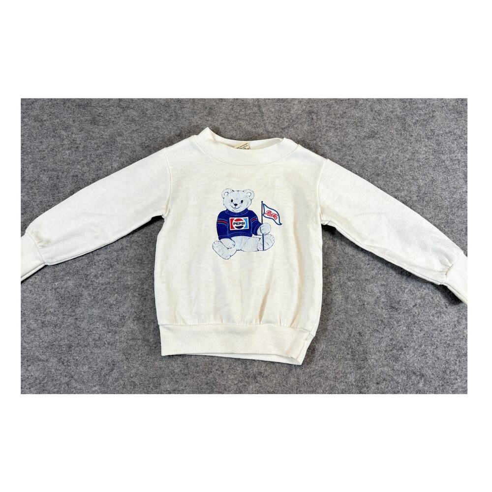 VINTAGE Pepsi Bear Rabbit Skins Sweatshirt Kids Size 2 White Graphic 80s Rare